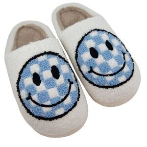 Katydid Light Blue Checkered Pattern Happy Face Slippers - White - L/XL (10)